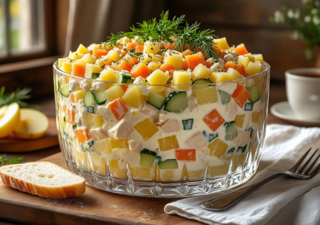 Выглядит как оливье, но вкус новый и многогранный: салат «Зимний» — без слоев и хлопот