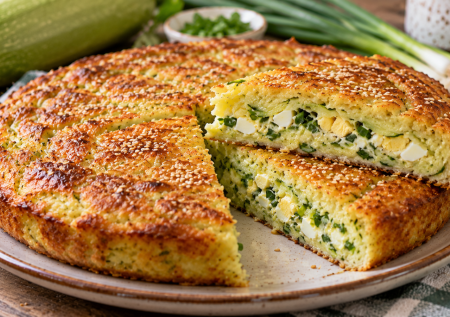 Пирог на кефире с луком и яйцами, но из кабачкового теста: идеально вкусный и горячим, и холодным