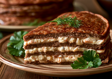 Вкусный печеночный торт без майонеза — тонкие коржи и луково-морковная начинка