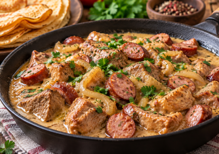 Если надоели котлеты и гуляши: белорусская мачанка — мясо с колбасками в густой сметанной подливе