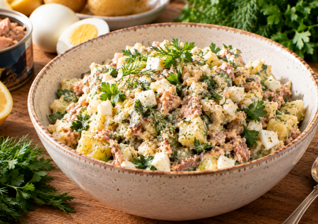 Просто картошка и банка горбуши — а какая вкуснотища: ем салат со всеми видами горячего и ставлю гостям