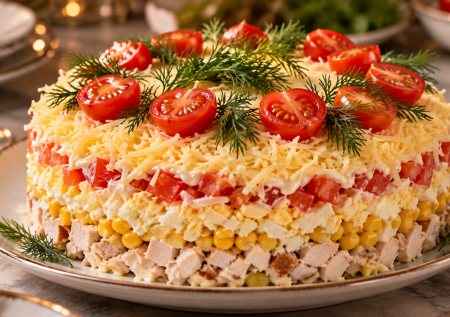 Салат «Восторг» у нас уходит лучше оливье: копченая курица, кукуруза и сыр — гости всегда просят добавки