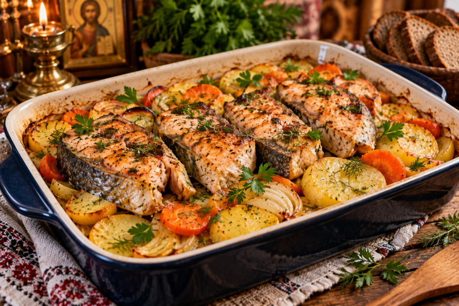 Краткий рецепт: запеченная рыба с овощами