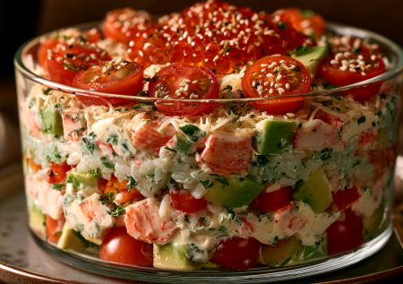Салат «Чайка»: делается за 10 минут, а вкуснее шубы! С крабовыми палочками, черри и сливочным сыром