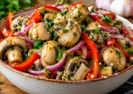 Беру шампиньоны и за 5 минут мариную закуску: пикантная, вкусная — с хрустом овощей и ароматной заправкой