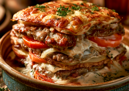 Быстрый и вкусный ужин — мясо под шубой: запекаем свинину с овощами и сыром