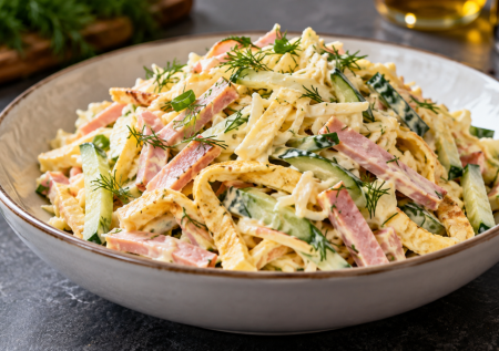 Простой до безобразия, но вкусный: салат с ветчиной и яичными блинчиками — нежный, сочный, настоящее объедение