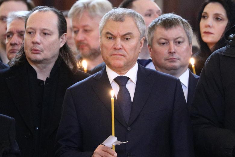 Вячеслав Володин (в центре) во время отпевания Владимира Жириновского в храме Христа Спасителя