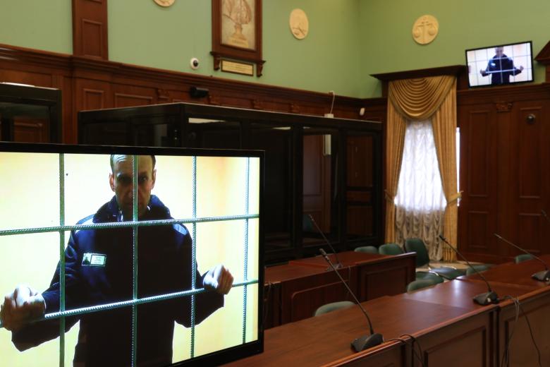 Алексей Навальный(на экране), отбывающий наказание в исправительной колонии № 2
