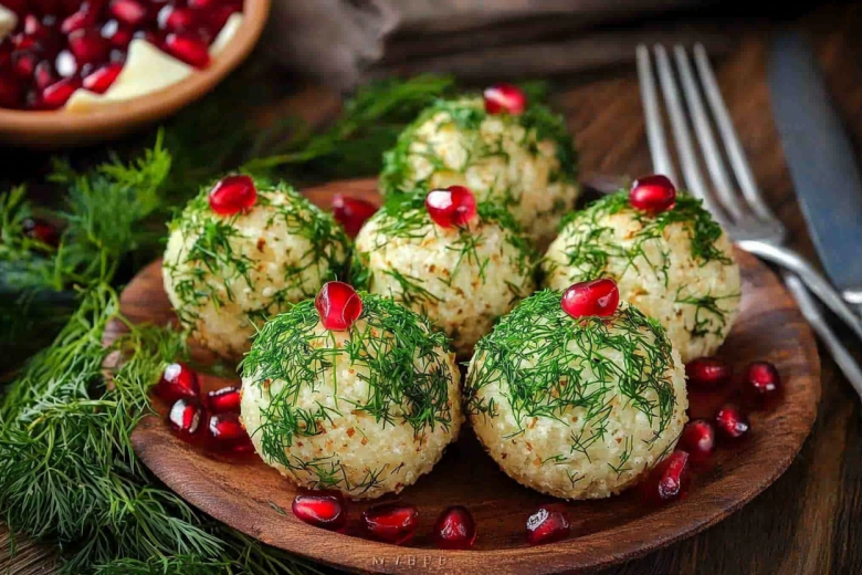 Шарики из сыра в зелени с гранатом