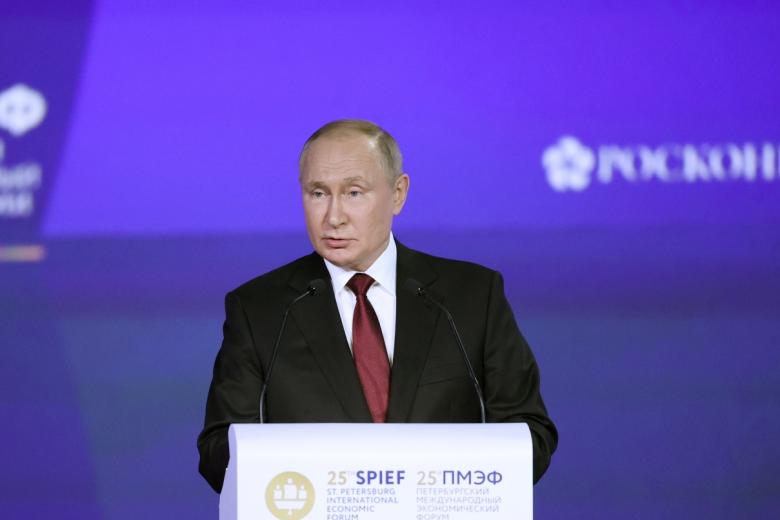 Президент РФ Владимир Путин во время выступления на пленарном заседании XXV Петербургского международного экономического форума