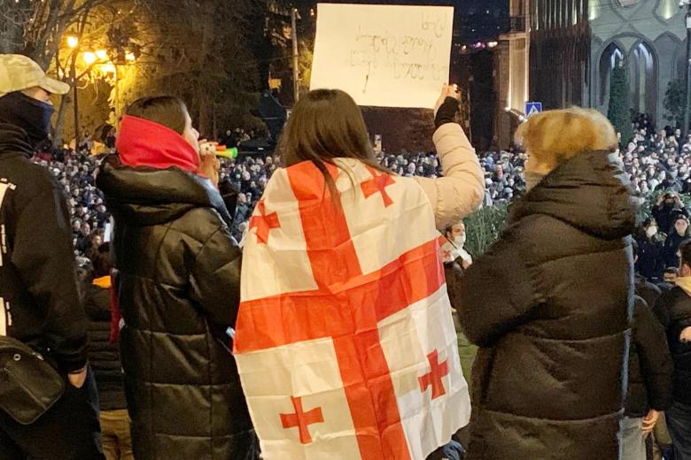 Участники акции против законопроекта об иностранных агентах у здания парламента Грузии