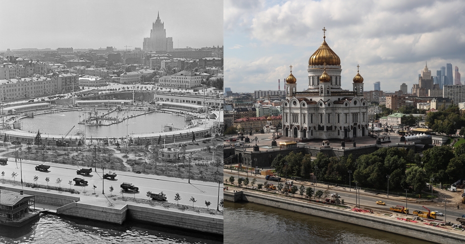  СССР. Москва. Бассейн Москва, 1960 год. Фотохроника ТАСС  Россия. Москва. Вид на храм Христа Спасителя на Пречистенской набережной, 7 сентября 2017 года