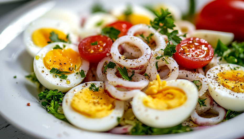 Салат с кальмарами, яйцом и овощами