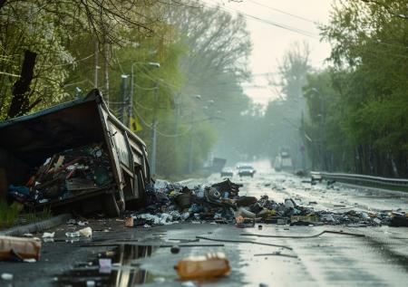 Дорогу в Москве завалило отходами из-за опрокинувшегося мусоровоза