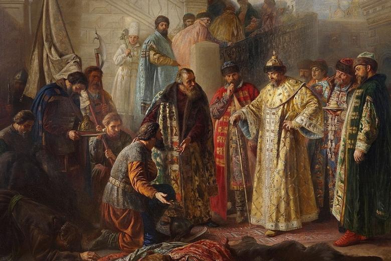 Посланники от Ермака на красном крыльце перед Иваном Грозным. Картина С. Р. Ростворовского, 1884 год