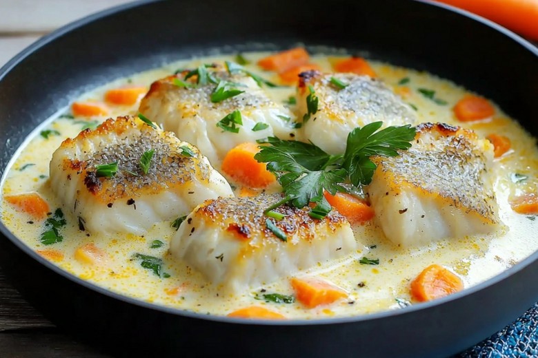 Минтай с морковкой и луком в сметане