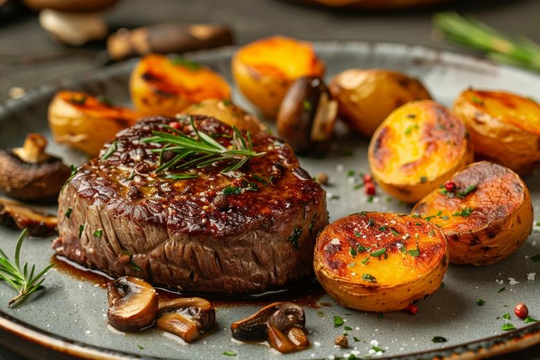 Филе говядины с печеным картофелем и муссом из лесных грибов