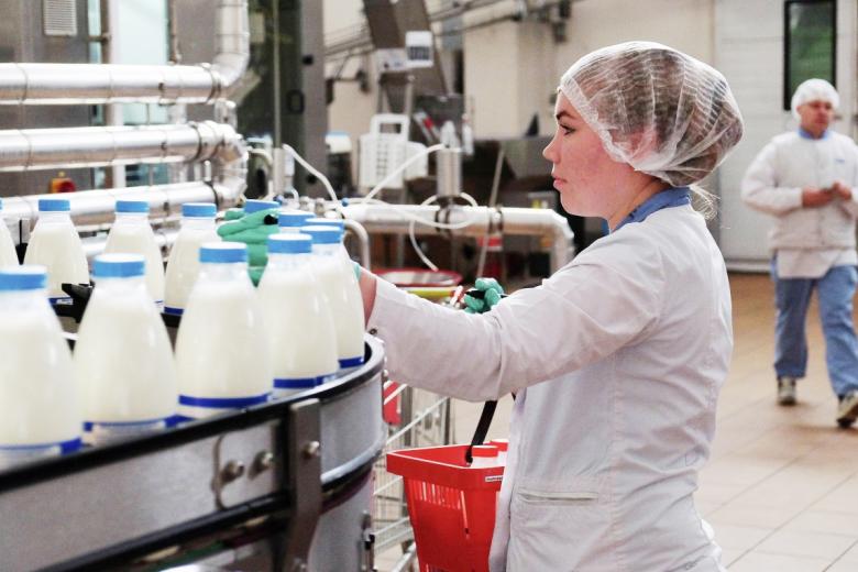 Сотрудница на производственной линии по упаковке молока на молочном заводе Danone