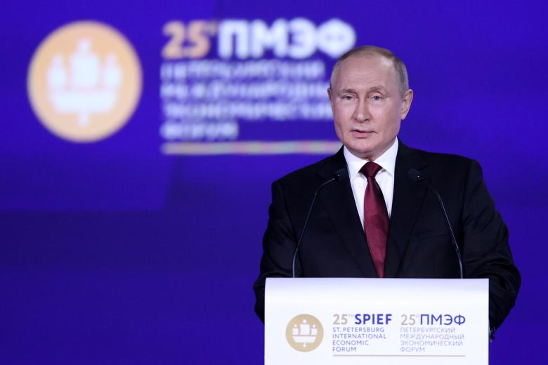 Президент РФ Владимир Путин во время выступления на пленарном заседании XXV Петербургского международного экономического форума