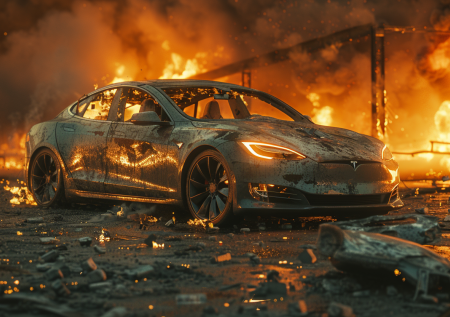 Сразу семь Tesla вспыхнули на парковке перед автосалоном
