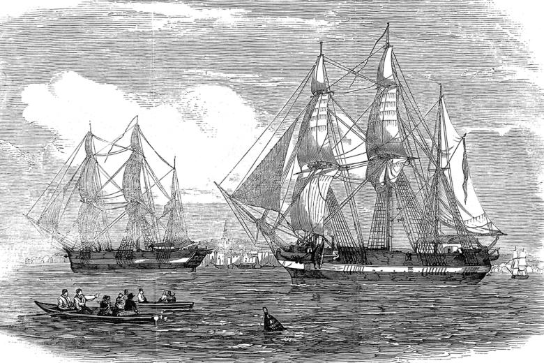 Гравюра с изображением HMS 'Erebus' (слева) и HMS 'Terror', изображенных на реке Темзе, 1845 год.