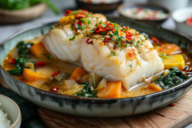 Белая рыба в кокосовом молоке с овощами