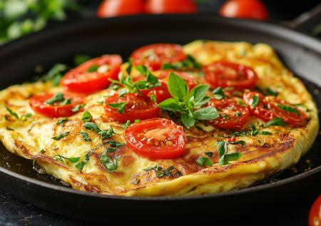 Пышный и сливочный — омлет с молоком и овощами на сковороде 
