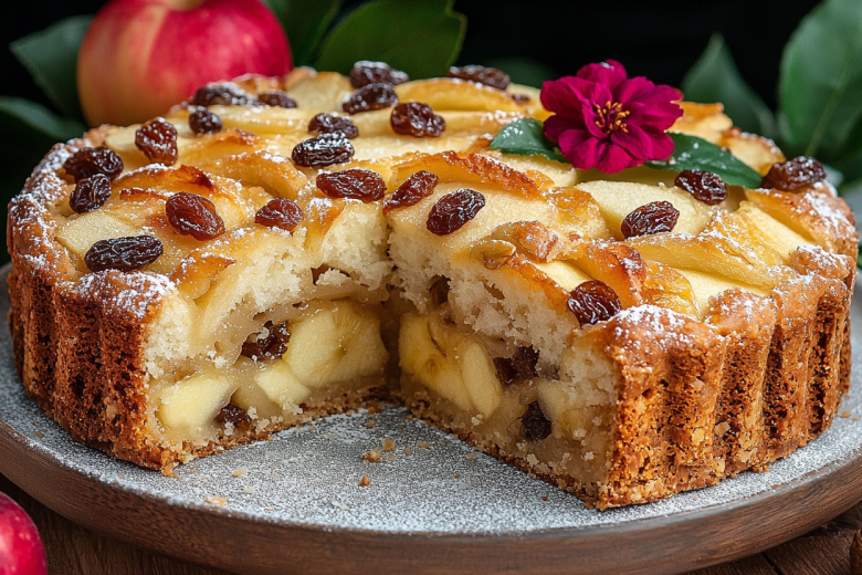 Шарлотка с яблоками, изюмом и орехами