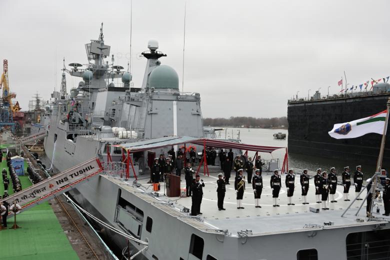 Церемония передачи АО «Рособоронэкспорт» ВМС Индии фрегата проекта 11356 Tushil на заводе «Янтарь» Объединенной судостроительной корпорации в Калининграде