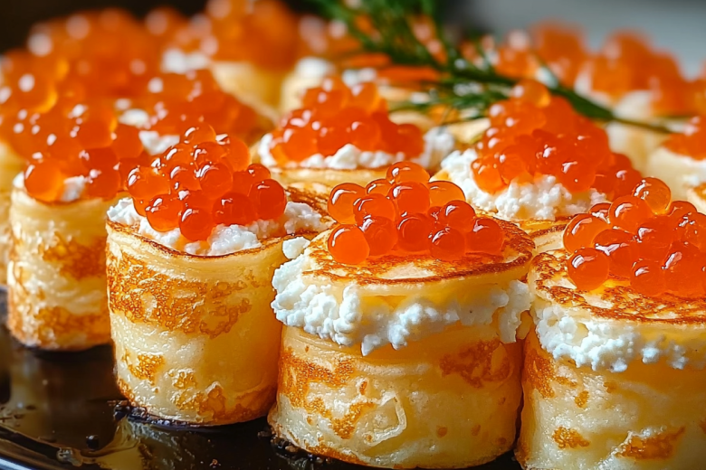 Улитки из блинов с красной икрой