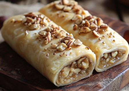 Вкусный десерт к чаю — рулет из лаваша и вареной сгущенки с орехами
