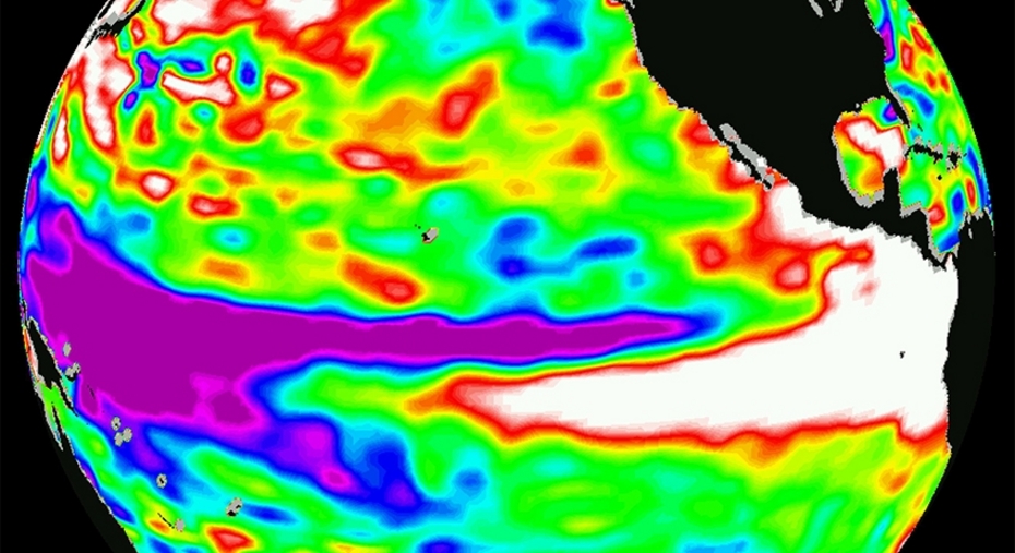 Течение Эль-Ниньо на тепловой карте Земли (выделено фиолетовым цветом)