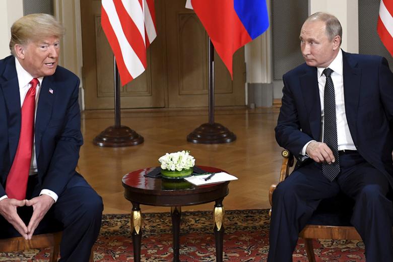 Президент США Дональд Трамп встречается со своим российским коллегой Владимиром Путиным в Хельсинки, Финляндия, июль 2018 года