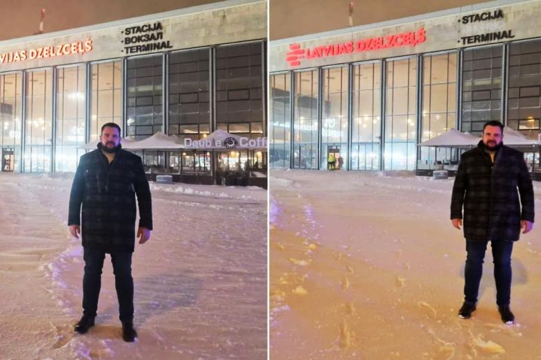 Министр транспорта Латвии Янис Витенбергс на фоне железнодорожного вокзала