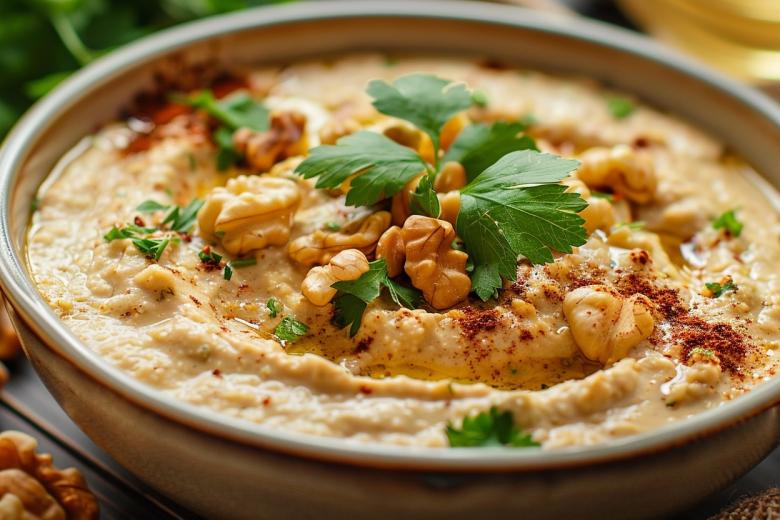 Соус сациви, украшенный орехами и зеленью
