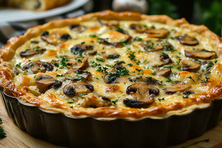 Ароматный киш с грибами и курицей