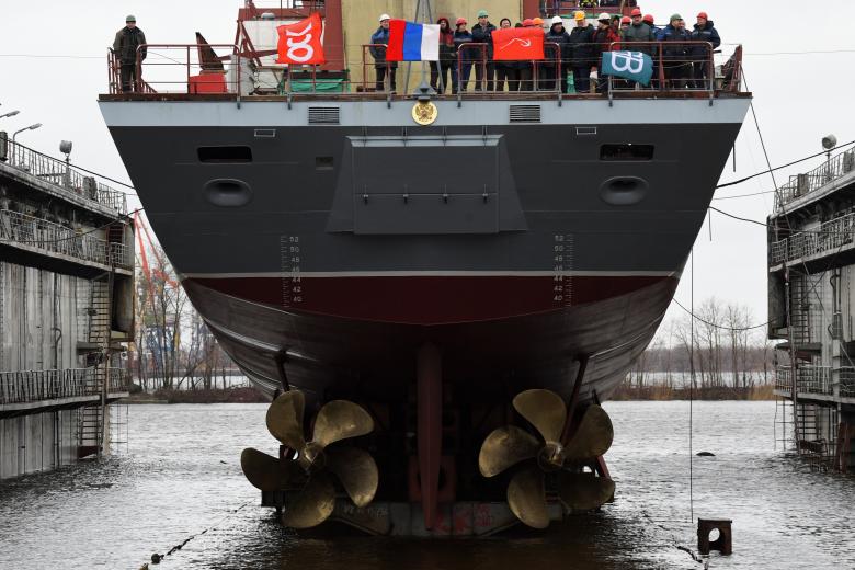 Церемония спуска на воду корвета «Ретивый» (проекта 20380) в Санкт-Петербурге