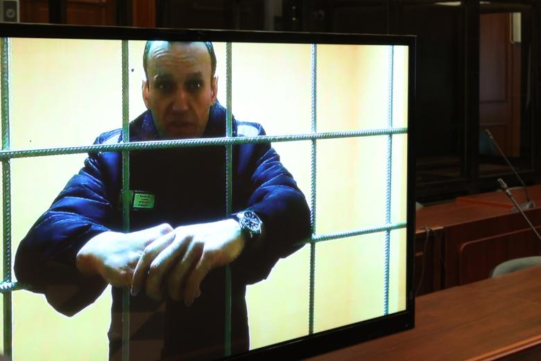 Алексей Навальный (на экране), отбывающий наказание в исправительной колонии