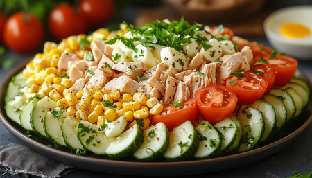 Нарядный салат «Цветок»: вкуснятина из копченой грудки! Его смели со стола