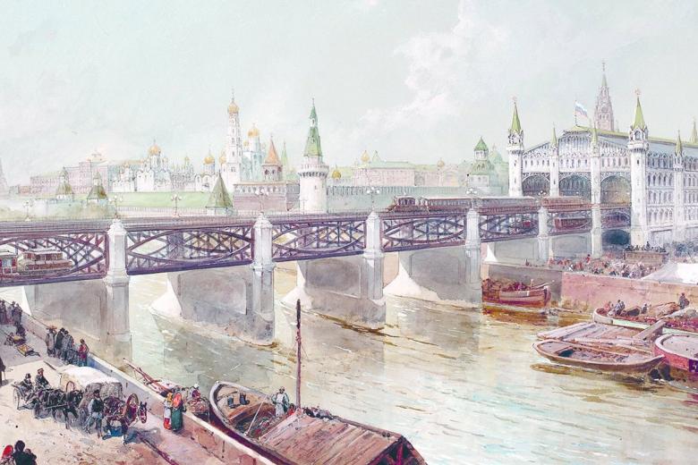 Каразин Н.Н. «Эстакада и центральный вокзал метрополитена. Москворецкий мост (по проекту инженера П.И. Балинского)». 1902 год. Бумага, акварель. Из коллекции Музея Москвы
