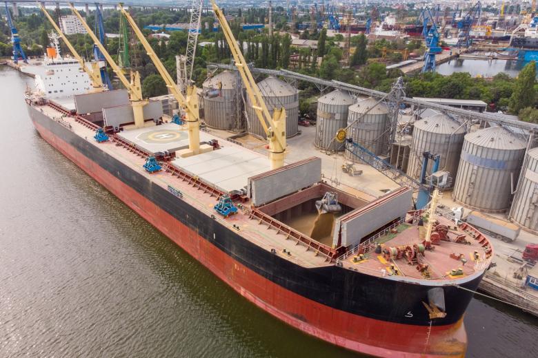 Загрузка зерна в трюмы морского грузового судна в морском порту