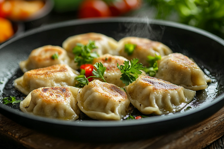 Пельмени на сковороде с аппетитным соусом и ароматными специями