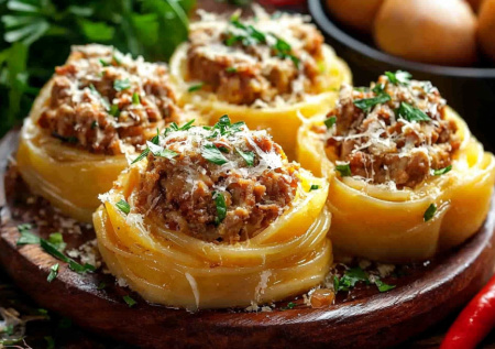 Гнезда из макарон с фаршем — два в одном: и паста, и мясо! Хит моей кухни!