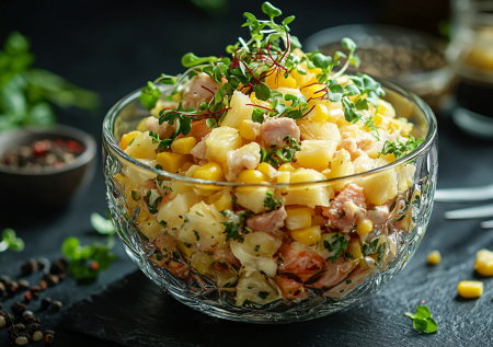 Лучший салат для вашего стола: копченая курица, ананасы и кукуруза