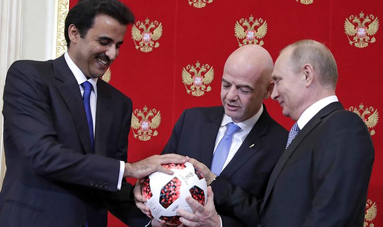 Эмир Катара Тамим бин Хамад Аль Тани, президент FIFA Джанни Инфантино и президент РФ Владимир Путин