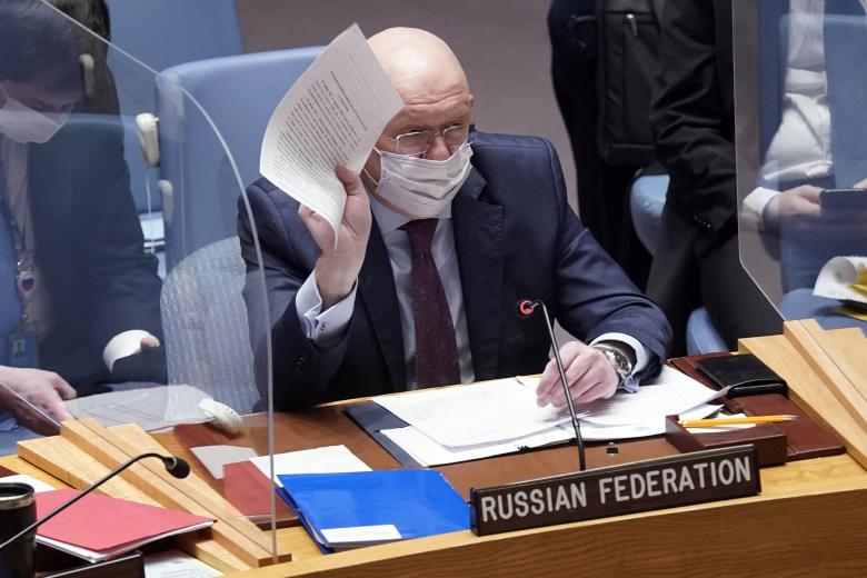 Постоянный представитель России при ООН Василий Небензя на заседании Совета Безопасности ООН по ситуации вокруг Украины в Нью-Йорке