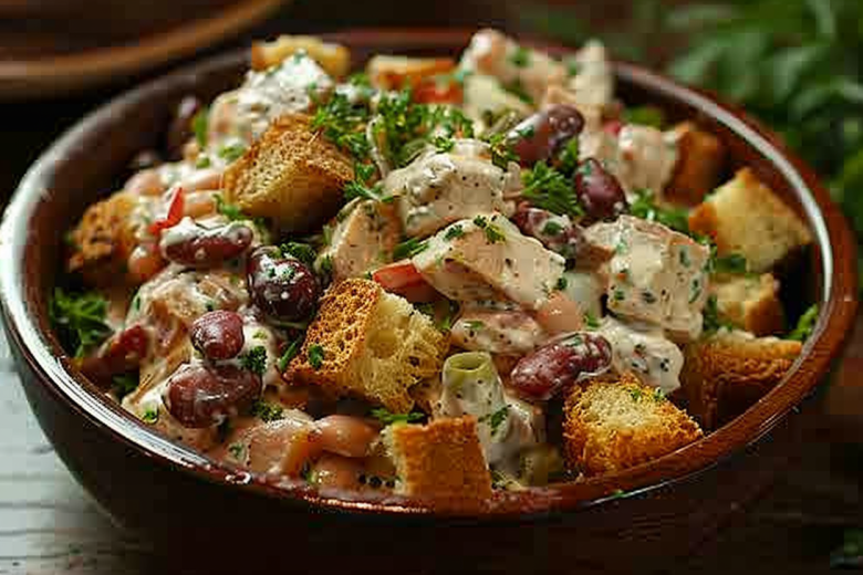 Салат из курицы с фасолью и сухариками