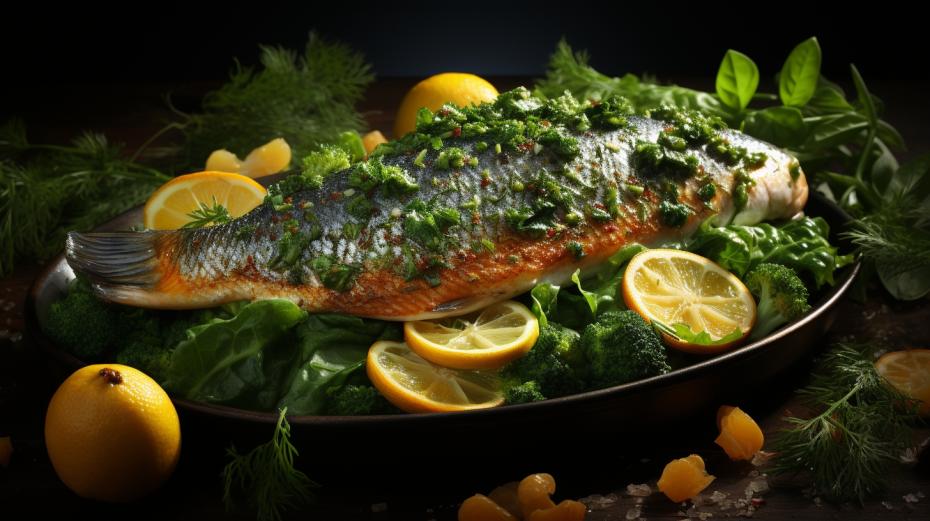 Кефаль с овощами и шпинатным соусом
